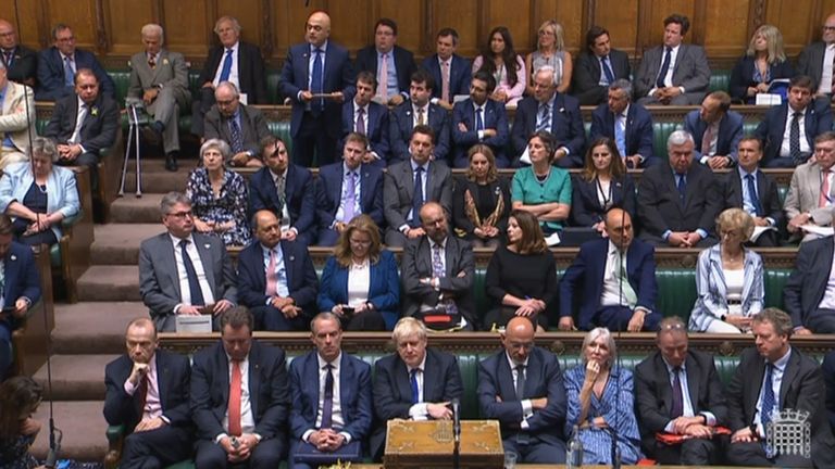 Prime Minister Boris Johnson (front, centre) listens as former health secretary Sajid Javid (top, left) delivers a personal statement to the House of Commons, Westminster, following his resignation from the cabinet on Tuesday. Picture date: Wednesday July 6, 2022.

