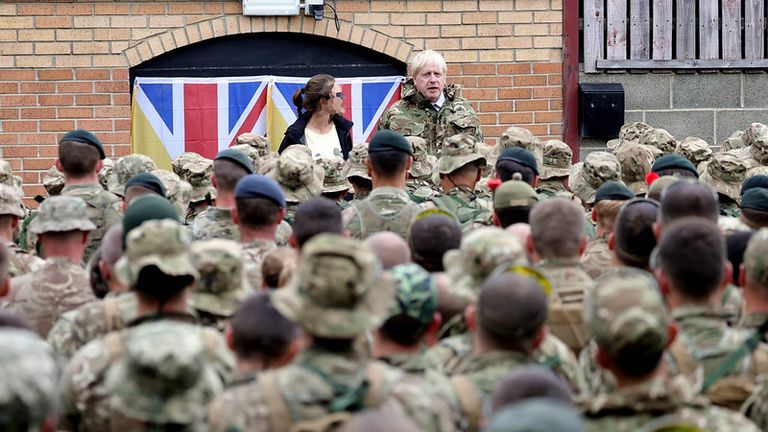 Boris Johnson giving a speech to Ukrainian soldiers. Pic: Downing Street