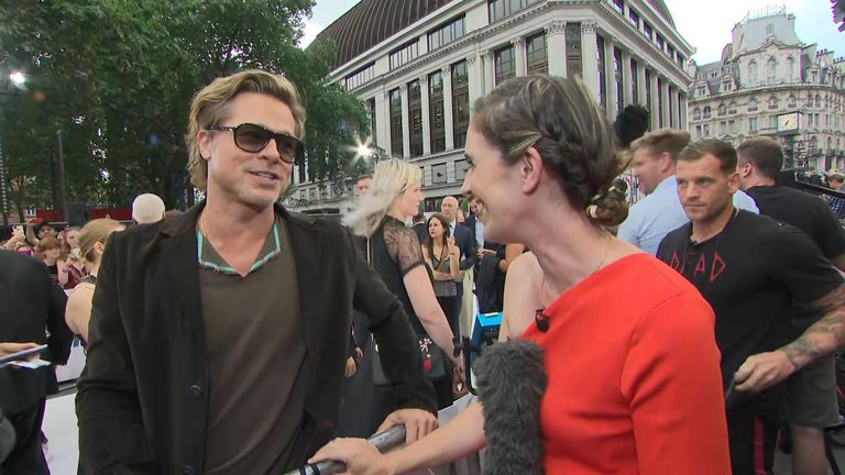 Sky&#39;s Katie Spencer caught up with Brad Pitt at the premiere for his new film, Bullet Train for a live on-air interview in London.