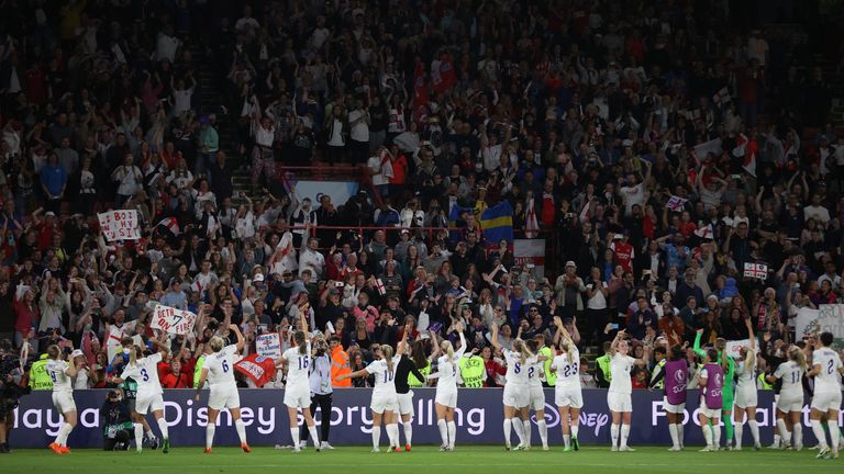 England players celebrate in front of fans at Bramall Lane