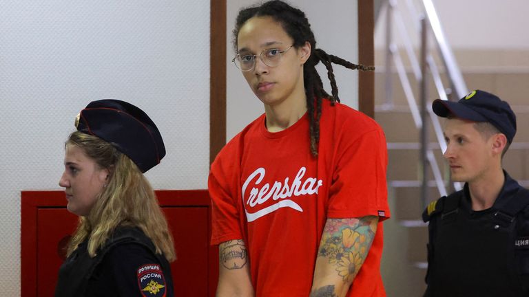 U.S. basketball player Brittney Griner, who was detained in March at Moscow&#39;s Sheremetyevo airport and later charged with illegal possession of cannabis, is escorted before a court hearing in Khimki, outside Moscow, Russia July 7, 2022. REUTERS/Evgenia Novozhenina
