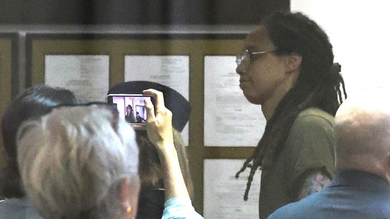 U.S. basketball player Brittney Griner, who was detained in March at Moscow&#39;s Sheremetyevo airport and later charged with illegal possession of cannabis, is escorted before a court hearing in Khimki outside Moscow, Russia, July, 14, 2022.  REUTERS/Evgenia Novozhenina