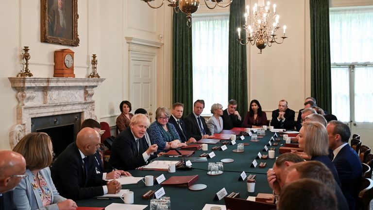 British Prime Minister Boris Johnson speaks at the start of a cabinet meeting in Downing Street in London, Britain July 5, 2022. Justin Tallis/Pool via REUTERS