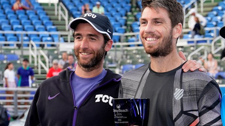 Cameron Norrie with his coach Facundo Lugones after winning the Delray Beach Open in February.  Pic: AP