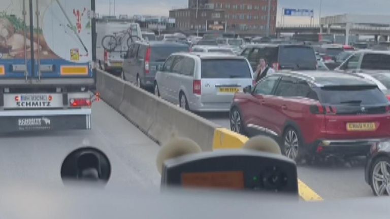 Cars are stuck in a long jam leading up to Port of Dover