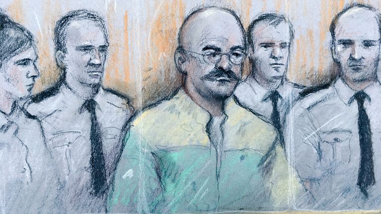 Court artist sketch by Elizabeth Cook of notorious inmate Charles Bronson (centre), listening as prison governor Mark Docherty gives evidence at Leeds Crown Court, after Bronson launched himself at Mr Docherty at HMP Wakefield in January threatening to gouge his eyes out prior to a welfare meeting.
Read less