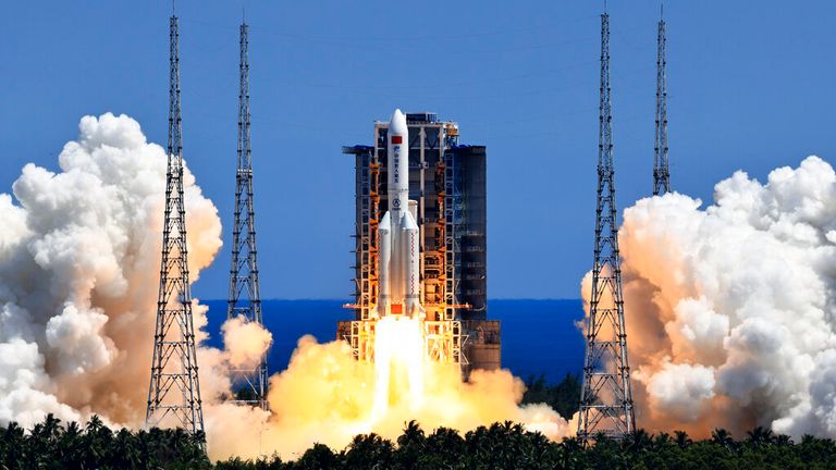 FILE - In this photo released by Xinhua News Agency, the Long March 5B Y3 carrier rocket, carrying Wentian lab module blasts off from the Wenchang Space Launch Center in Wenchang in southern China&#39;s Hainan Province Sunday, July 24, 2022. Debris from the rocket that boosted part of China...s new space station into orbit fell into the sea in the Philippines on Sunday, July 31, the Chinese government announced. Most of the final stage of the Long March-5B rocket burned up after entering the atmosphere at 12:55 a.m., the China Manned Space Agency reported. (Li Gang/Xinhua via AP, File)