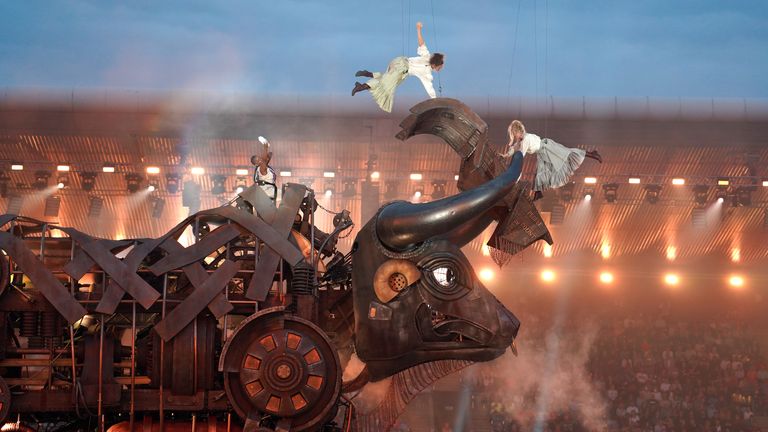 The Women appears on top of The Raging Bull during the opening ceremony of the Birmingham 2022 Commonwealth Games at the Alexander Stadium, Birmingham. Picture date: Thursday July 28, 2022.