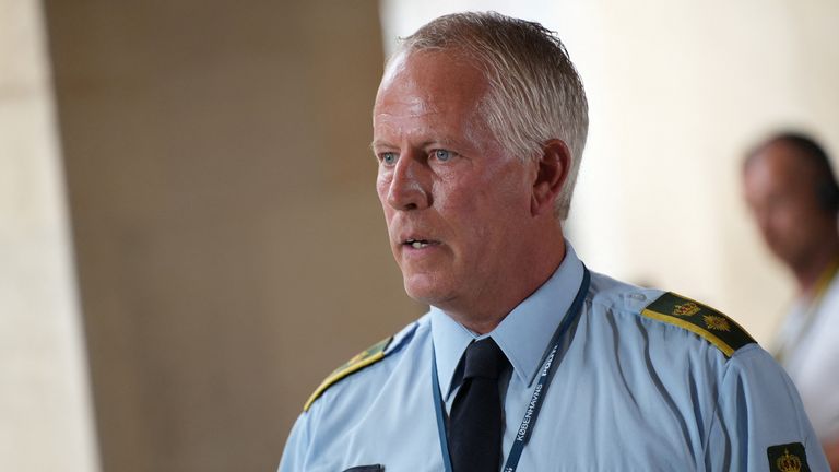 Copenhagen Police Chief Soeren Thomassen speaks during a news conference at the Police Department, after Danish police said they had received reports of a shooting at the Fields Shopping Center, in Copenhagen, Denmark, on Thursday. July 3, 2022. Ritzau Scanpix / Emil Helms via REUTERS ATTENTION EDITORS - THIS IMAGE SUPPLYED BY THIRD PARTY.  OUTSIDE DENMARK.  NO COMMERCIAL SALES OR EDITING IN DENMARK.