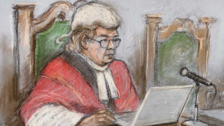 Court artist sketch by Elizabeth Cook of Mrs Justice McGowan sentencing James Watson at the Old Bailey, London, for the murder of six-year-old schoolboy Rikki Neave in 1994. Picture date: Friday June 24, 2022.