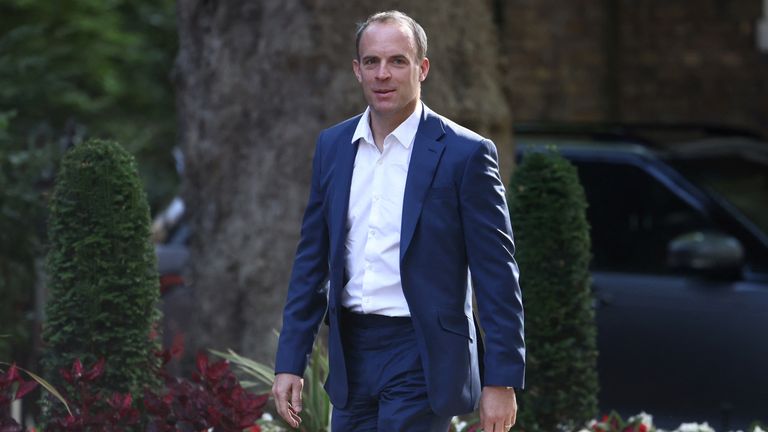 Deputy Prime Minister Dominic Raab walks outside Downing Street