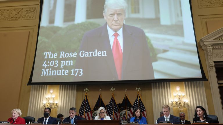 A clip of former U.S. President Donald Trump appears on a screen during a public hearing of the U.S. House Select Committee to investigate the January 6 Attack on the U.S. Capitol, on Capitol Hill, in Washington, U.S., July 21, 2022. REUTERS/Evelyn Hockstein