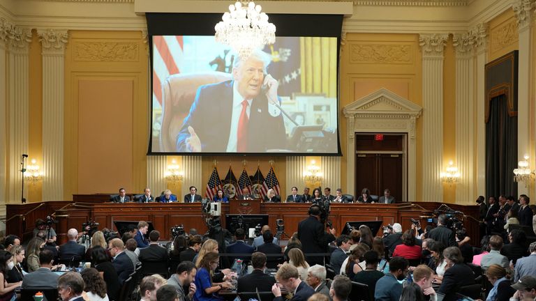 An image of former President Donald J. Trump is shown on a screen during the seventh public hearing by the House Select Committee to investigate the January 6th attack on the US Capitol, in Washington, DC, U.S., July 12, 2022. Doug Mills/Pool via REUTERS