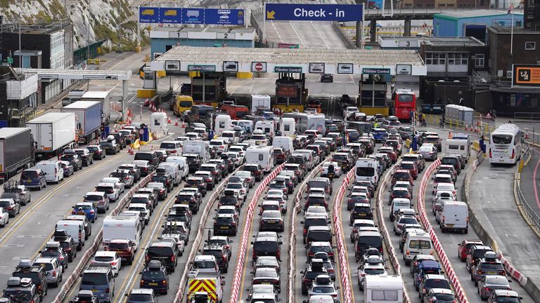 Cars queue at the check-in at the Port of Dover in Kent as many families embark on getaways at the start of summer holidays for many schools in England and Wales. Staffing at French border control at the Port of Dover is 