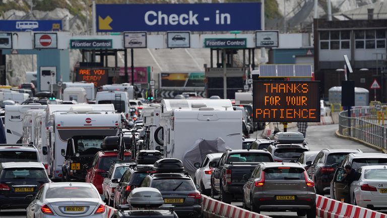 Car queue at the check-in at Dover Port in Kent as many families embark on getaways at the start of summer holidays for many schools in England and Wales. Staffing at French border control at the Port of Dover is "woefully inadequate" causing holidaymakers to be stuck in long queues, the Kent port said. Picture date: Friday July 22, 2022.