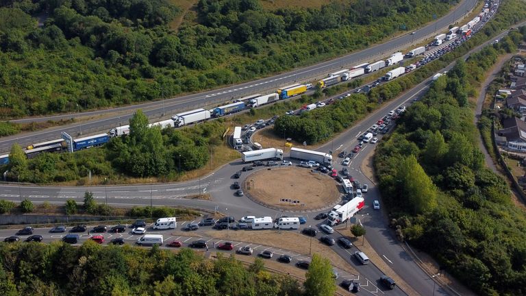 An aerial view of the M20 approaching Folkestone in Kent