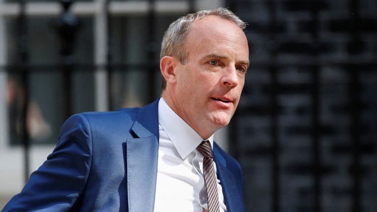 British Deputy Prime Minister Dominic Raab arrives ahead of a weekly cabinet meeting at 10 Downing Street, in London, Britain July 5, 2022. REUTERS/Peter Nicholls
