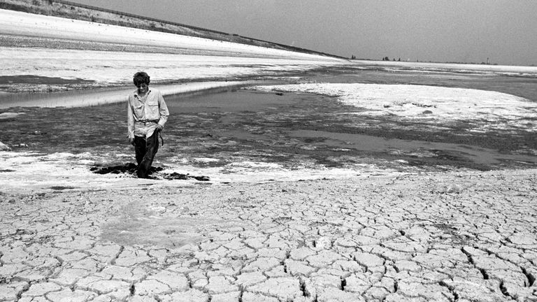 Staines Reservoir in Middlesex during the severe drought of 1976