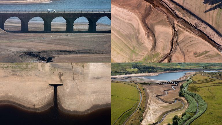 Four/two images show low running rivers and reservoirs in England