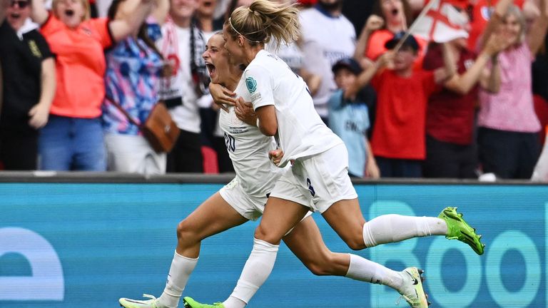 England's Ella Toone celebrates scoring their first goal with Rachel Daly 