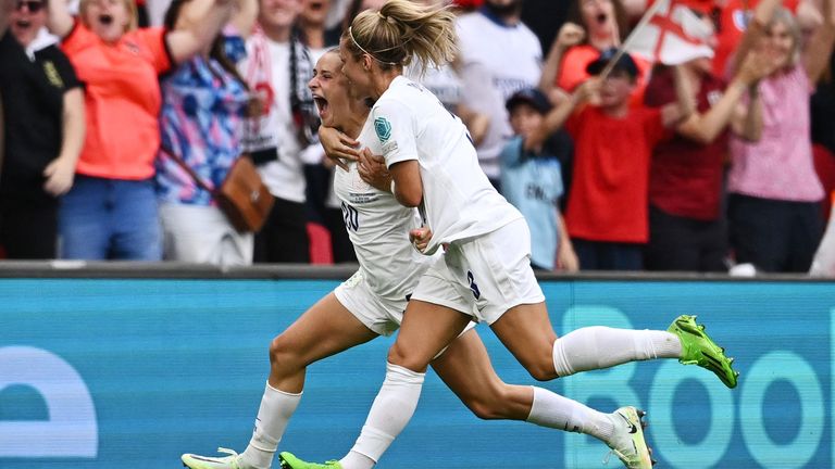 England&#39;s Ella Toone celebrates scoring their first goal with Rachel Daly 