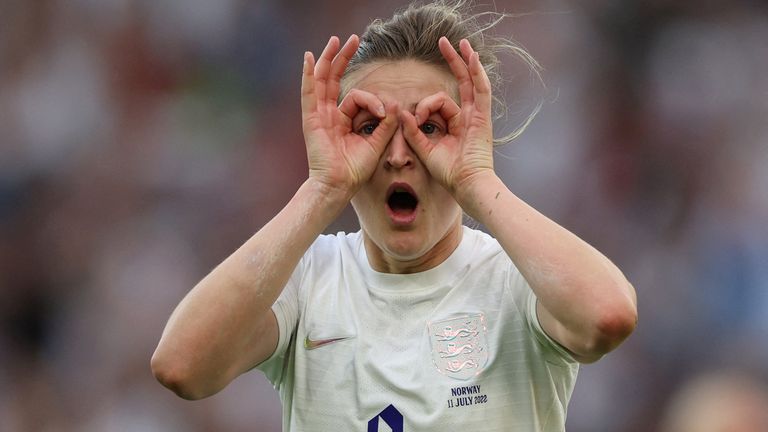 Soccer Football - Women&#39;s Euro 2022 - Group A - England v Norway - The American Express Community Stadium, Brighton, Britain - July 11, 2022 England&#39;s Ellen White celebrates scoring their third goal REUTERS/Matthew Childs TPX IMAGES OF THE DAY