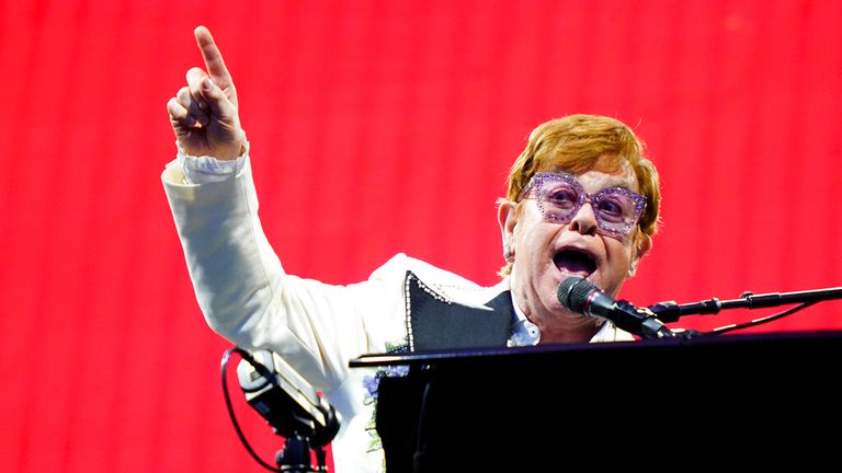 Elton John performs during his "Farewell Yellow Brick Road," tour, Friday, July 15, 2022, at Citizens Bank Park in Philadelphia. (AP Photo/Matt Rourke)