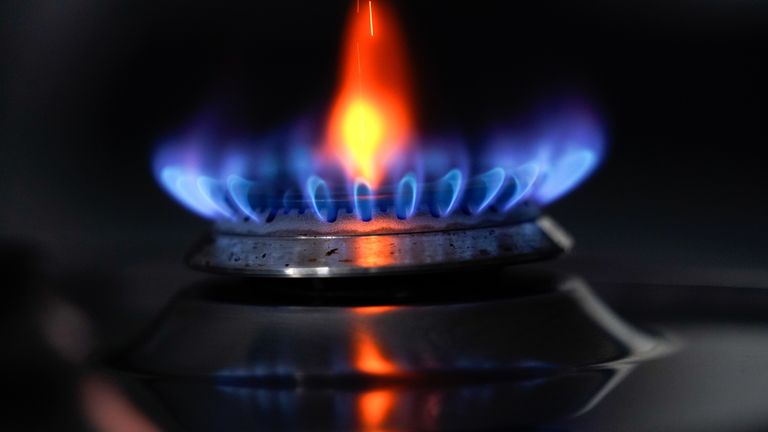 03/02/22 of a gas hob burning on a stove in a kitchen in Basingstoke, Hampshire. 