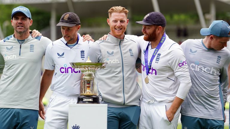 England players (left-right) James Anderson, Joe Root, Ben Stokes and Jonny Bairstow celebrate victory