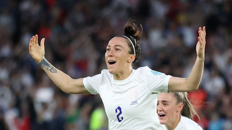 Soccer Football - Women&#39;s Euro 2022 - Semi Final - England v Sweden - Bramall Lane, Sheffield, Britain - July 26, 2022 England&#39;s Lucy Bronze celebrates scoring their second goal REUTERS/Carl Recine
