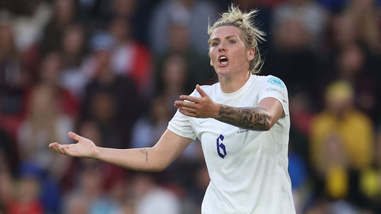 Soccer Football - Women&#39;s Euro 2022 - Semi Final - England v Sweden - Bramall Lane, Sheffield, Britain - July 26, 2022 England&#39;s Millie Bright reacts REUTERS/Carl Recine
