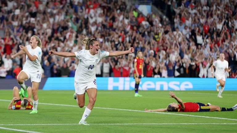 Soccer Football - Women's Euro 2022 - Quarter Final - England v Spain - The American Express Community Stadium, Brighton, Britain - July 20, 2022 England's Ella Toone celebrates scoring their first goal REUTERS/Matthew Childs TPX IMAGES OF THE DAY  