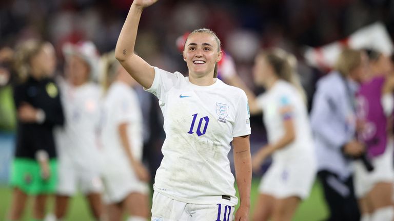 Soccer Football - Women&#39;s Euro 2022 - Semi Final - England v Sweden - Bramall Lane, Sheffield, Britain - July 26, 2022 England&#39;s Georgia Stanway celebrates after the match REUTERS/Molly Darlington
