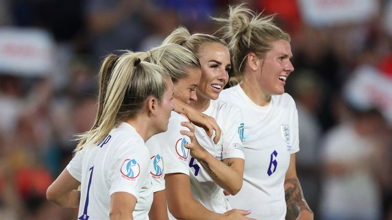 Soccer Football - Women&#39;s Euro 2022 - Group A - England v Norway - The American Express Community Stadium, Brighton, Britain - July 11, 2022 England&#39;s Alessia Russo celebrates scoring their seventh goal with Alex Greenwood, Millie Bright and Lauren Hemp REUTERS/Matthew Childs