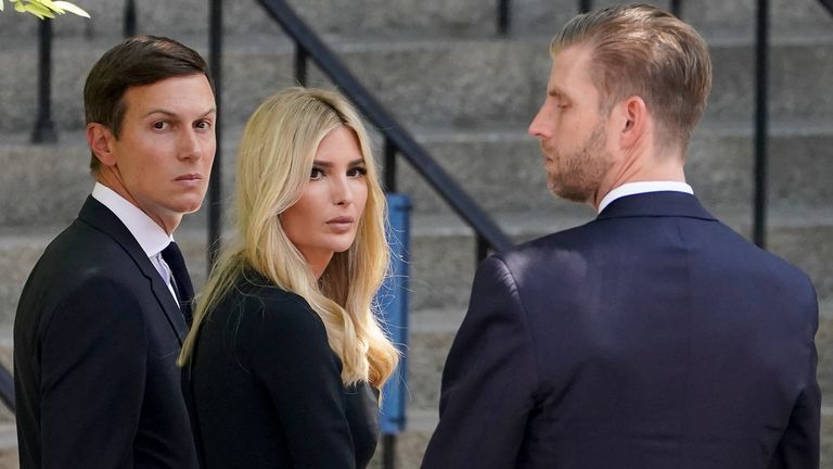 (R-L)  Eric Trump, Ivanka Trump and Jared Kushner arrive for the funeral of Ivana Trump. Pic: AP