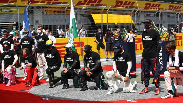 Drivers taking the knee at the Austrian GP in 2020