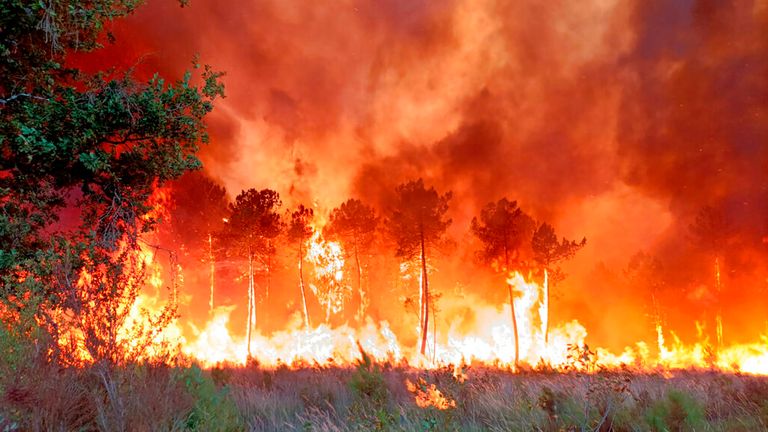 This Friday, July 15, 2022, photo provided by the fire brigade of the Gironde region (SDIS 33) shows a forest fire near Landers, southwest France, on Thursday, July 14, 2022.  Southwest France which has forced the displacement of 10,000 people and destroyed more than 7,000 hectares of land.  High temperatures and strong winds have complicated firefighting efforts in the region, which is one of several regions in Europe to be hit by wildfires this season.  (SDIS 33 via AP)