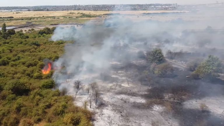 Handout grab from video issued by Luke Channings of the scene after a fire at Dartford Marshes. Issue date: Tuesday July 19, 2022.
