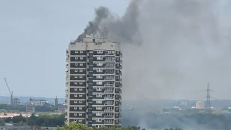 Screengrab taken with permission from video posted on twitter by @KraftyP of the scene on Manwood Street, North Woolwich, where around 100 firefighters and 15 fire engines have been called to tackle a blaze at a block of flats in east London&#39;s docklands. Issue date: Wednesday July 20, 2022.
