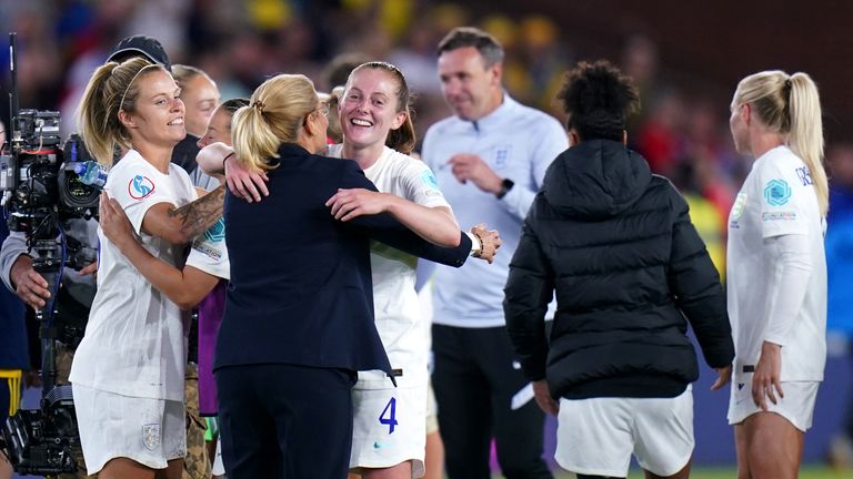 England head coach Sarina Wiegman hugs Keira Walsh at the conclusion of the UEFA Women's Euro 2022 semi-final at Bramall Lane, Sheffield.  Date taken: Tuesday, July 26, 2022.
