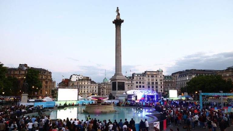 Some football fans watched the England-Sweden semi-final in London's Trafalgar Square