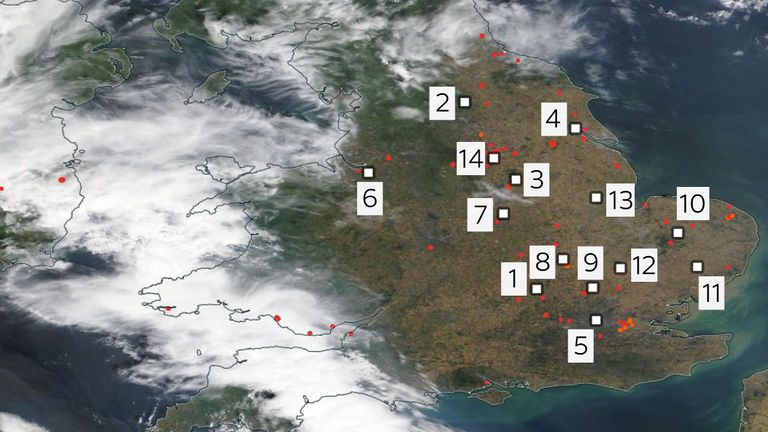 Buckinghamshire (1), North Yorkshire (2), Nottinghamshire (3), Humberside (4), London (5), Cheshire (6), Leicestershire (7), Bedford (8), Hertfordshire (9), Norfolk (10) Suffolk (11), Cambridge (12), Lincolnshire (13) und South Yorkshire (14) meldeten alle schwere Unfälle.  Bildnachweis: NASA World View 