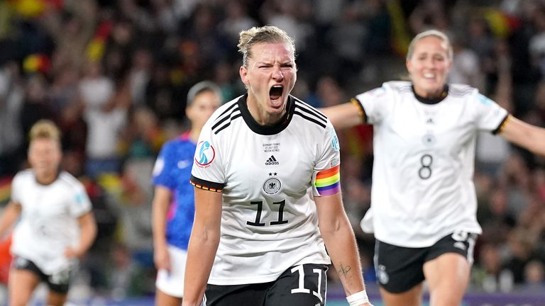 Germany&#39;s Alexandra Popp celebrates scoring her second goal of the game against France