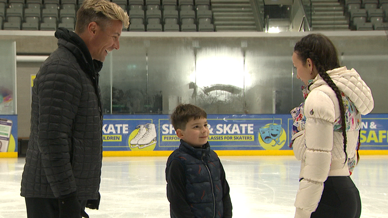 Gosha Mandziuk, his mother Iryna and professional skater Dancing on Ice Matt Evers.  Figure skater Gosha, 7, from Ukraine fled the war to live in Bristol and received training from a Dancing On Ice expert, after being featured on Sky News.