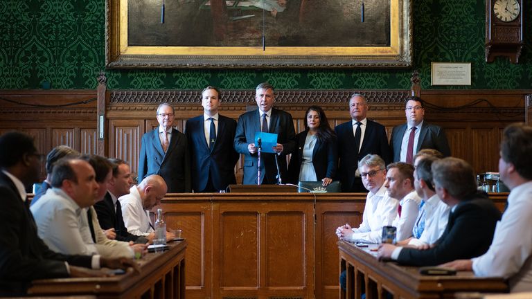Sir Graham Brady (third from left) chairman of the 1922 Committee, announces the results of the ballot giving the final two candidates for the Conservative Party leadership, in the Houses of Parliament, London. Picture date: Wednesday July 20, 2022.