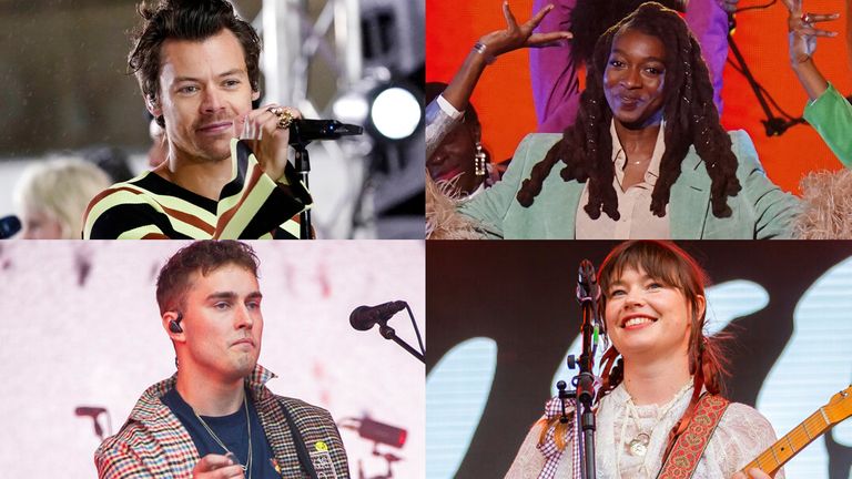 Clockwise from top left: Harry Styles, Little Simz, Wet Leg, Sam Fender. Pic: Charles Sykes/Invision/AP; Ian West/PA; Joel C Ryan/Invision/AP