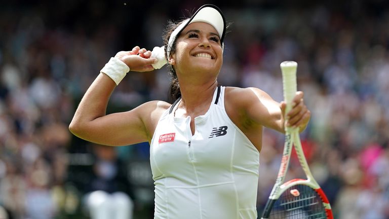 Great Britain&#39;s Heather Watson celebrates victory against Kaja Juvan during her third round match on court 1 during day five of the 2022 Wimbledon Championships at the All England Lawn Tennis and Croquet Club, Wimbledon. Picture date: Friday July 1, 2022.

