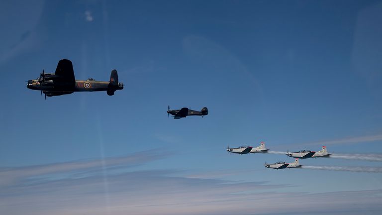 Battle of Britain Memorial Flight being escorted over Dublin by the &#39;The Silver Swallows&#39;.