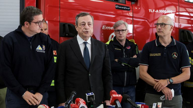 Italy&#39;s Prime Minister Mario Draghi speaks at the emergency operations centre after parts of the Marmolada glacier collapsed in the Italian Alps amid record temperatures, in Canazei , Italy, July 4, 2022. REUTERS/Borut Zivulovic
