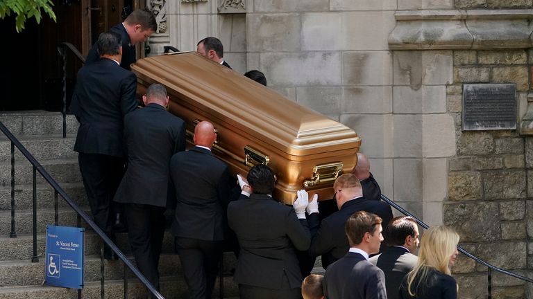 Ivana Trump's coffin is being carried in St. Vincent Ferrer's Roman Catholic Church in New York. Photo: AP